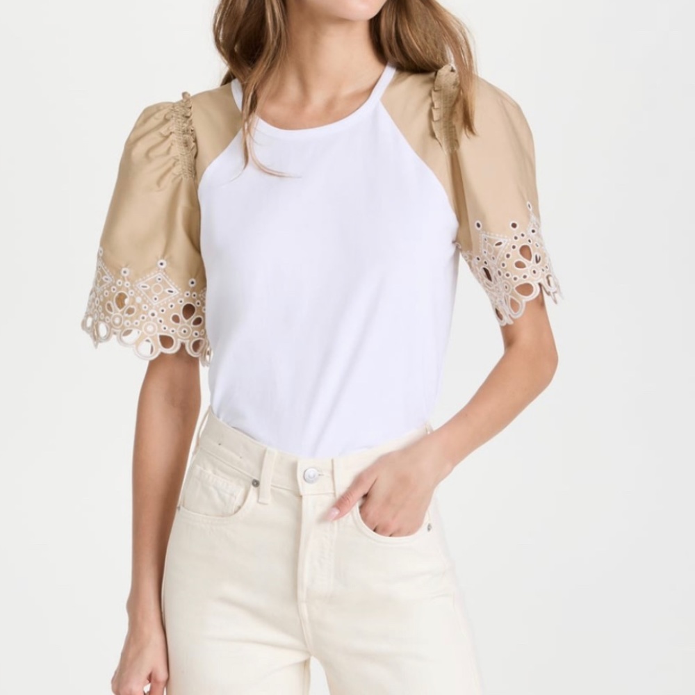 Veronica Beard Briana T-shirt camel eyelet sleeves